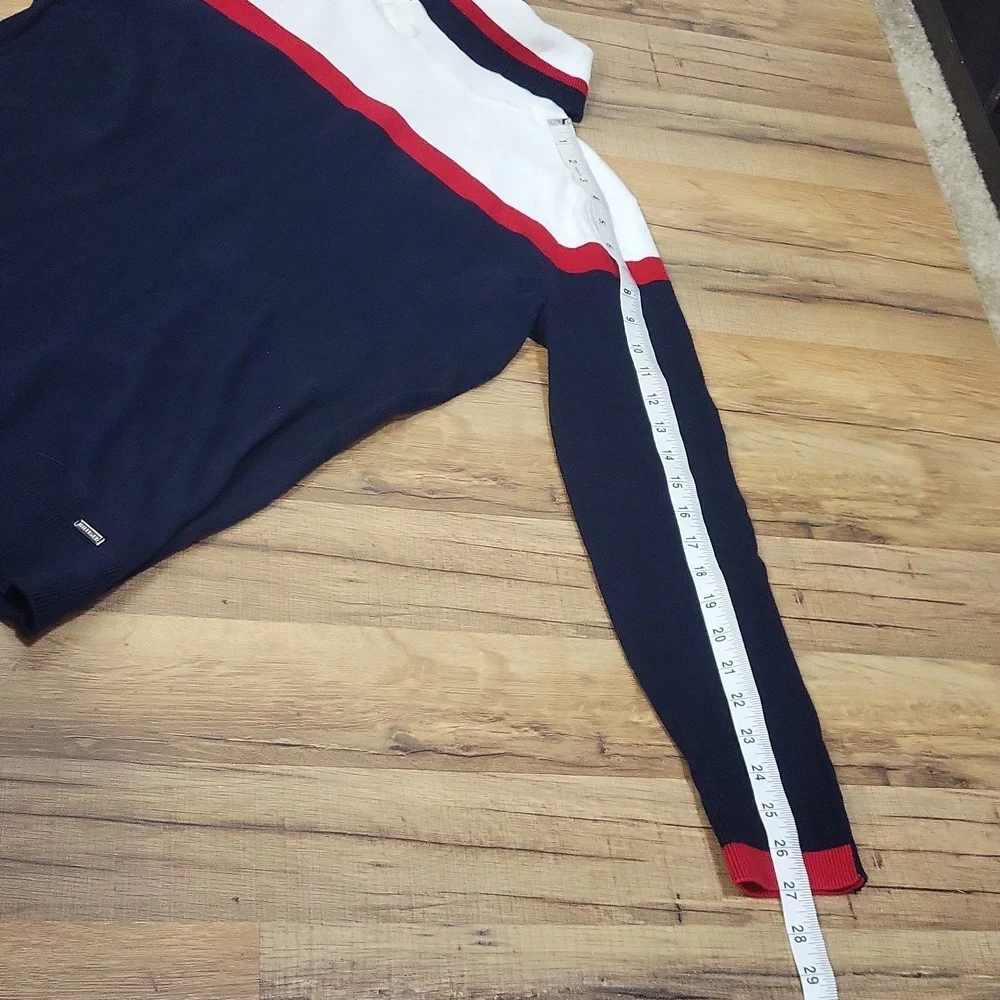 TOMMY HILFIGER Red White Blue Colorblock Silver Button Turtleneck Sweater